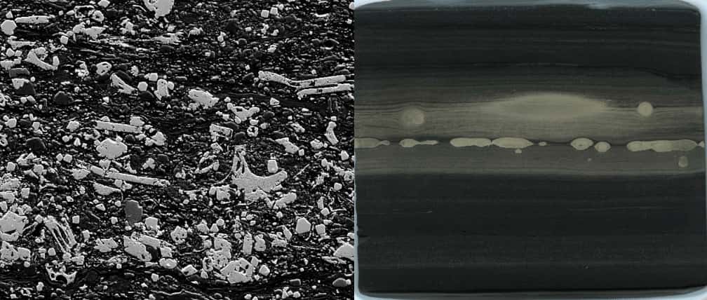 La microscopie électronique a révélé que les schistes du mont McRae sont constitués d’éclats de verre volcanique (gris clair, à gauche). Ceux-ci pourraient être une source du molybdène supposé concentré dans l’intervalle de <em>« bouffées d’oxygène »</em>. Mais en réalité arrivé là lors d’événements ultérieurs d’écoulement de fluide. Ces événements sont enregistrés dans la pyrite minérale fer-soufre au sein du schiste gris foncé de l’intervalle de <em>« bouffées d’oxygène »</em>. L’image de droite montre à la fois des nodules ronds formés tôt avec des halos diffus et des lignes parallèles de minuscules cristaux qui se sont formés lors de l’écoulement ultérieur du fluide. © Slotznick et al., <em>Science Advances</em>