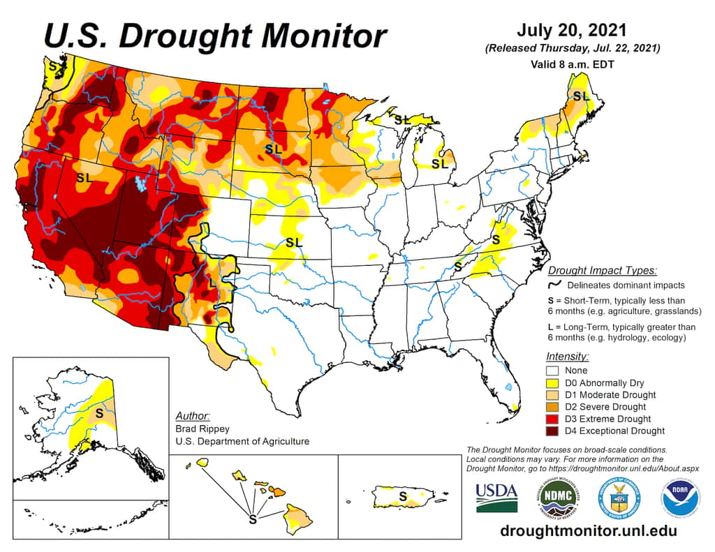 Entre 2020 et 2022, l’ouest des États-Unis a connu un épisode de sécheresse rendu sévère par le réchauffement climatique, selon des chercheurs de l’université de Californie. © <em>National Drought Mitigation Center</em>