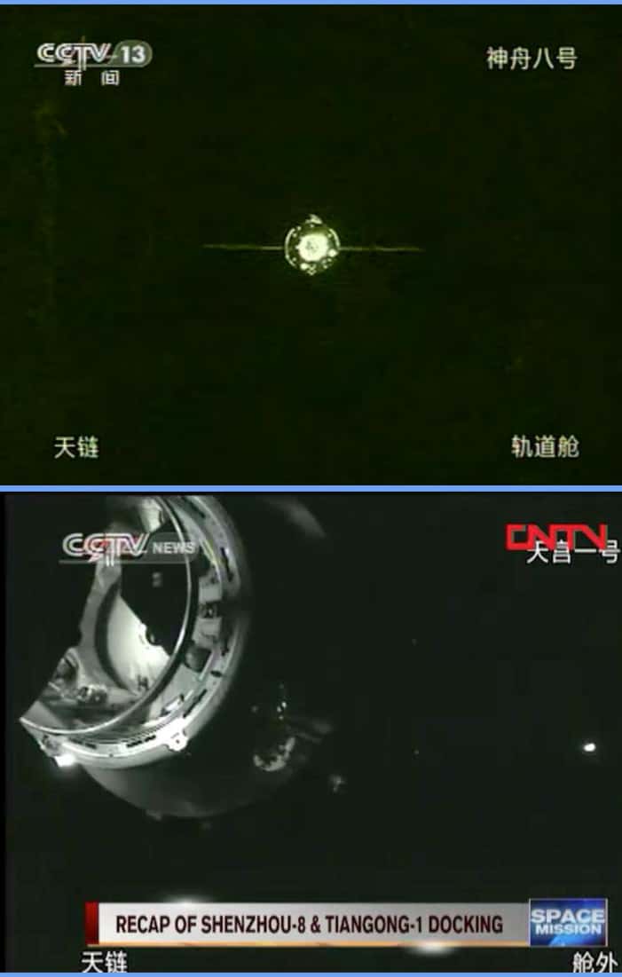 Signe des temps et de la confiance dans ses capacités, la Chine a retransmis en direct l'amarrage de Shenzhou-8 au module Tiangong-1. © CCTV