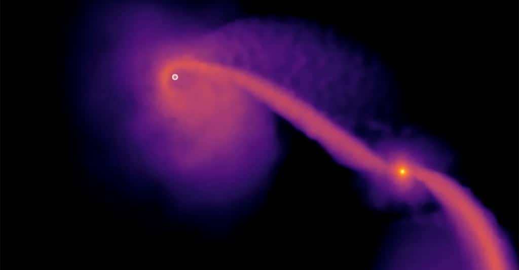 Sur cette image issue de l’une des simulations des chercheurs de la <em>Northwestern University</em> (États-Unis), une étoile – le point orange vif à droite – vole à travers la galaxie après avoir été éjectée par un trou noir de masse intermédiaire – le petit anneau à gauche. © Fulya Kiroglu, <em>Northwestern University</em>