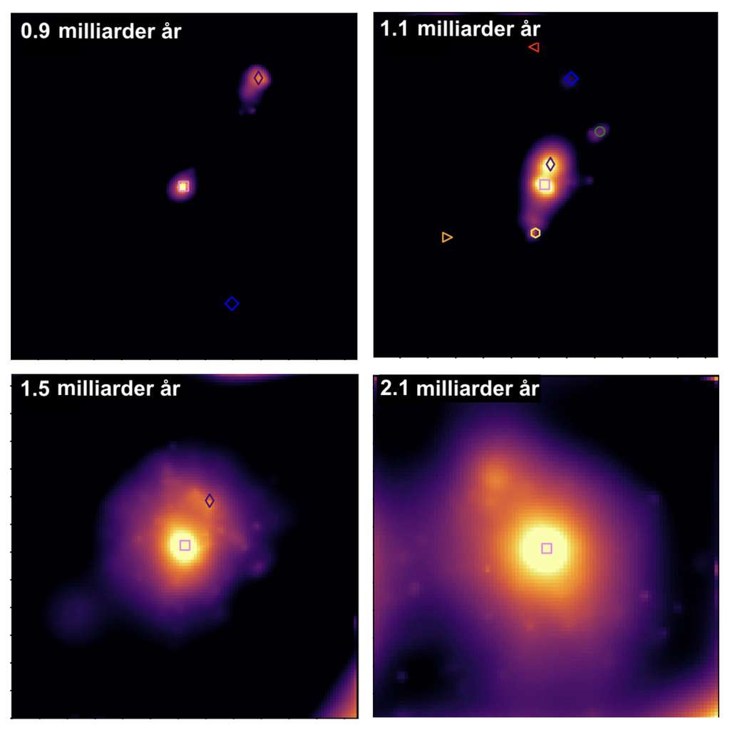 Ces images montrent l’évolution simulée d’une protogalaxie choisie pour ressembler au groupe CGG-z5. La luminosité montre la densité des étoiles dans les galaxies et les symboles permettent de localiser les amas de matière individuels. Au cours des 1,2 milliard d’années qui s’écoulent entre le coin supérieur gauche et le coin inférieur droit, les galaxies passent d’une masse stellaire totale de 5 milliards de soleils à 65 milliards de soleils. © A. Vijiayan et S. Jin., Université de Copenhague