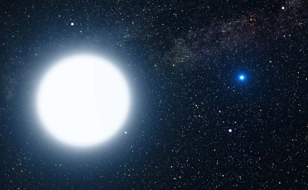 Vue d'artiste représentant l'étoile double Sirius. La plus grosse des deux étoiles, Sirius A, se situe à gauche ; à droite, en bleu, Sirius B. © Nasa