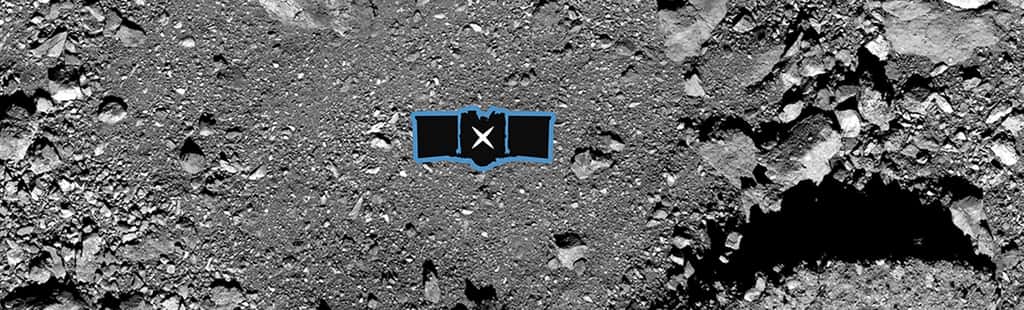 Le site de <em>Nightingale</em>, le principal site de collecte d’échantillons d’Osiris-Rex sur l’astéroïde Bennu. Une illustration à l’échelle de la sonde a été ajoutée. © Nasa, Goddard, <em>University of Arizona, </em>Lockheed Martin, <em>United Launch Alliance</em>
