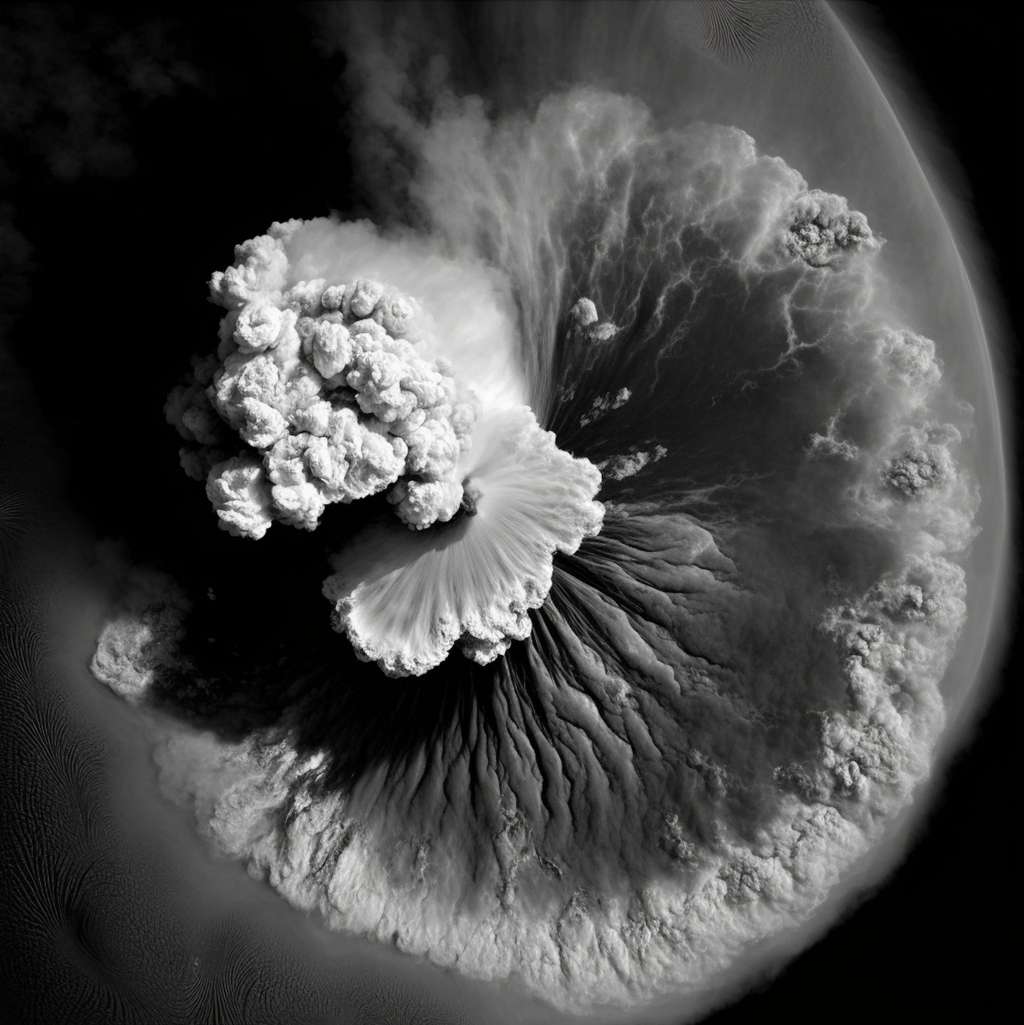 En janvier 2022, le volcan sous-marin Hunga Tonga entrait en éruption dans l’océan Pacifique. © Jamie Perera, <em>Midjourney</em>, ESA