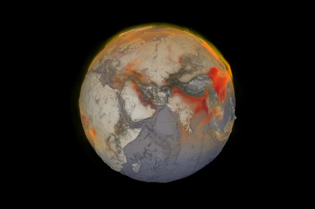 Les concentrations en méthane enregistrées le 26 janvier 2018. En rouge, les concentrations de l’ordre de 2.100 parties par milliards (ppb) et plus. © Nasa, <em>Scientific Visualization Studio</em>
