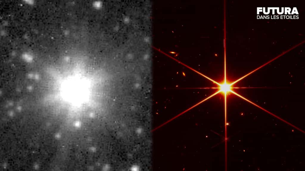 À gauche, l’image de 2MASS J17554042+6551277 telle que vue par Spitzer et à droite, celle obtenue par le télescope spatial James-Webb. © Nasa, Futura