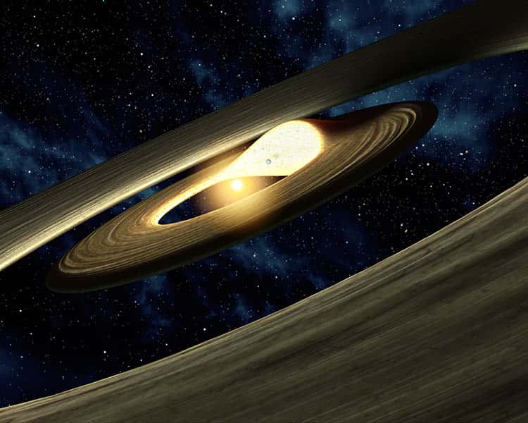 Une représentation d'artiste du disque en plein bouleversement autour de LRLL 31. En tournant autour d'elle, une planète ou peut-être une étoile naine modifie l'épaisseur du disque entourant l'étoile centrale. Crédit : Nasa/JPL-Caltech/R. Hurt (SSC)