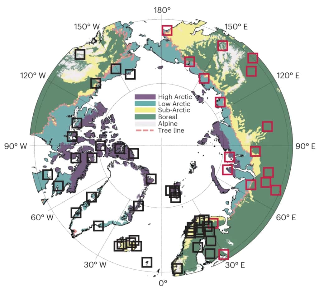 Les carrés rouges représentent les stations de recherche russes en Arctique. De quoi visualiser le problème soulevé par les scientifiques de la perte de leurs données depuis le début de la guerre en Ukraine. © Efren Lopez-Blanco et al., Nature Climate Change