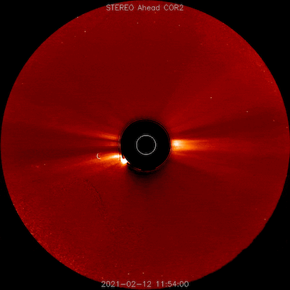 L’éjection de masse coronale observée par Solar Orbiter en février dernier telle que vue par la mission Stereo-A, Stereo pour <em>Solar Terrestrial Relations Observatory</em>. © Nasa/Stereo/COR2
