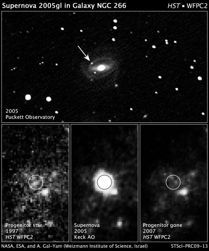 En 2005, une supernova est observée dans NGC 266. En fouillant dans les archives de Hubble, on trouve une zone occupée par ce qui semblait être une étoile massive mais la résolution est mauvaise. Grâce à l'optique adaptative, la supernova est clairement observée avec le télescope Keck. En 2007, et avec une meilleure résolution, Hubble confirme qu'une étoile a complétement disparu, imposant l'idée qu'un trou noir s'est formé par effondrement d'une LBV d'au moins 50 masses solaires. Crédit : Nasa, Esa, A. Gal-Yam (Weizmann Institute of Science, Israël)