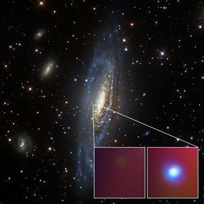 Cette photo prise dans le domaine visible dans le cadre du <em>Sloan Digital Sky Survey</em> montre la galaxie spirale NGC 7331 où on a observé la supernova inhabituelle SN 2014C. En bas à droite, la supernova observée dans le domaine des rayons X. © Nasa