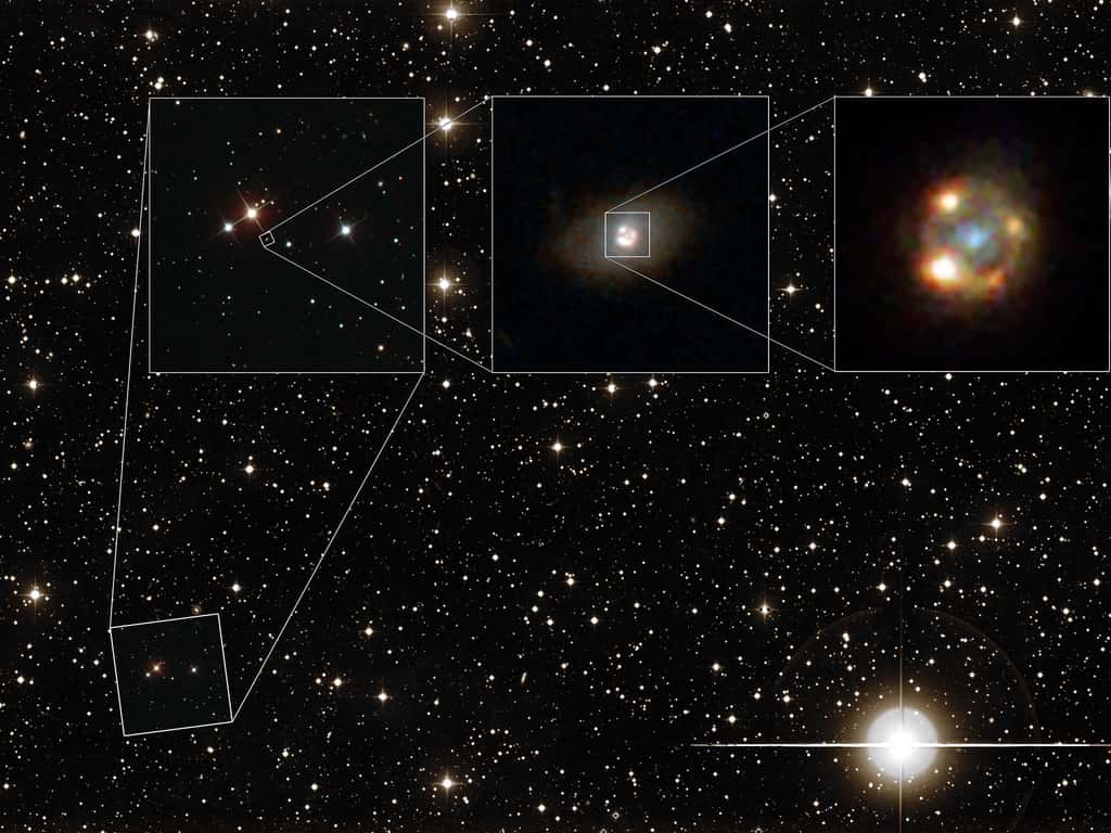 Une galaxie à l’avant-plan a grossi 42 fois les images d’une supernova SN Ia par effet de lentille gravitationnelle. On voit plus de quatre images de la supernova iPTF16geu sur cette photo composite en haut à droite. Elles sont sur un cercle de 3.000 années-lumière de diamètre, ce qui correspond à l’une des plus petites lentilles gravitationnelles fortes connues à ce jour. © ESA, Hubble, Nasa, <em>Sloan Digital Sky Survey, Palomar Observatory, California Institute of Technology</em>