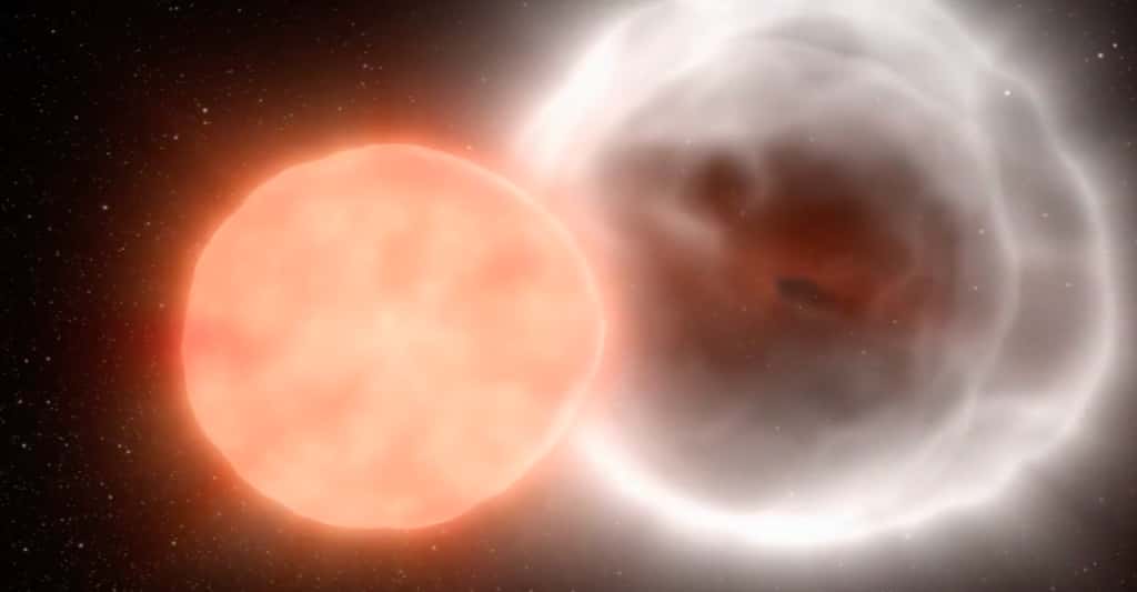 Lorsqu’une naine blanche arrive à capter suffisamment de matière d’une compagne stellaire — au premier plan sur cette vue d’artiste —, elle explose en supernova de type Ia — au second plan. C’est ce genre de supernova qu’une intelligence artificielle vient d’identifier sans avoir besoin d’une intervention humaine. © Nasa, JPL-Caltech