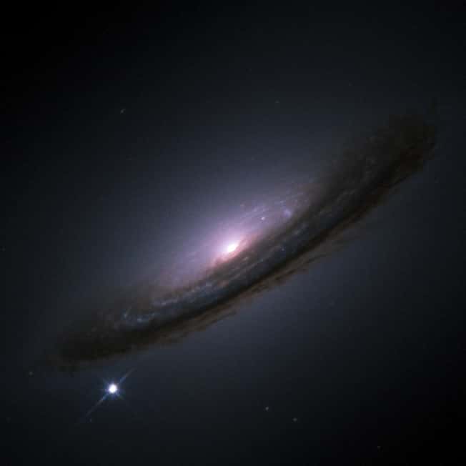 Les supernovae de type 1a – comme ici SD 1994D, en bas à gauche, dans la galaxie NGC 4526 – intéressent les astronomes à plus d’un titre. D’abord parce qu’elles peuvent être vues de loin et servir ainsi de chandelles standards pour déterminer des distances entre les galaxies. Ensuite parce que leurs explosions synthétisent de nombreux éléments qui sont ensuite éjectés dans leurs galaxies hôtes. Enfin parce qu’elles sont essentielles à l’étude de l’énergie sombre. © Nasa, Esa, Wikipedia, CC by-3.0