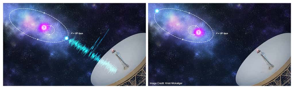 Une vue d’artiste d’un modèle de modulation orbitale dans lequel la source du sursaut radio rapide (FRB), en bleu, est en orbite autour d’un objet compagnon, en rose. © Kristi Mickaliger, Observatoire de Jodrell Bank