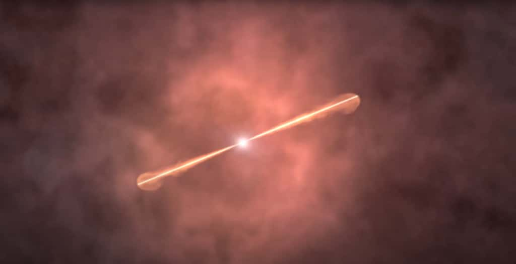 Des chercheurs ont identifié dans les données recueillies, après le sursaut gamma le plus brillant jamais enregistré, ce qui ressemble à la signature d’événement d’annihilation entre électrons et positrons. © Nasa Goddard