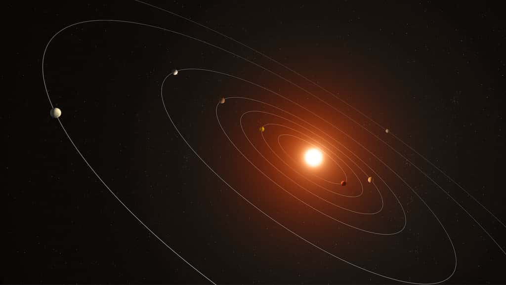 Les planètes de Kepler-385 présentent des orbites plus circulaires que celles observées pour des planètes seules — ou à deux — autour d’une étoile. © Daniel Rutter, Nasa