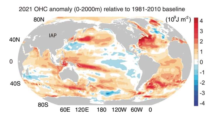 Le réchauffement des océans en 2021 par rapport à la moyenne de la période 1981-2010. © Cheng <em>et al.</em>