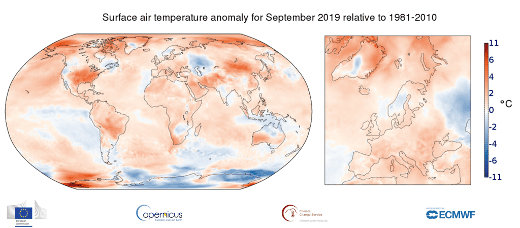 En septembre 2016, les températures s’étaient élevées de 0,554 °C au-dessus des moyennes. C’est un peu plus encore pour septembre 2019. Même si pour la France, rien d’exceptionnel. Le mois de septembre n’entre pas au top 10 des mois les plus chauds. © <em>Copernicus Climate Change Service</em>