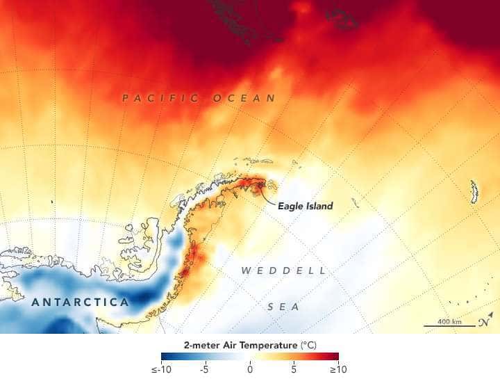 Les températures relevées autour d’<em>Eagle Island</em>, le 9 février 2020, à deux mètres au-dessus du sol. Des températures positives et parfois même, supérieures à 10 °C. © GEOS-5, Nasa