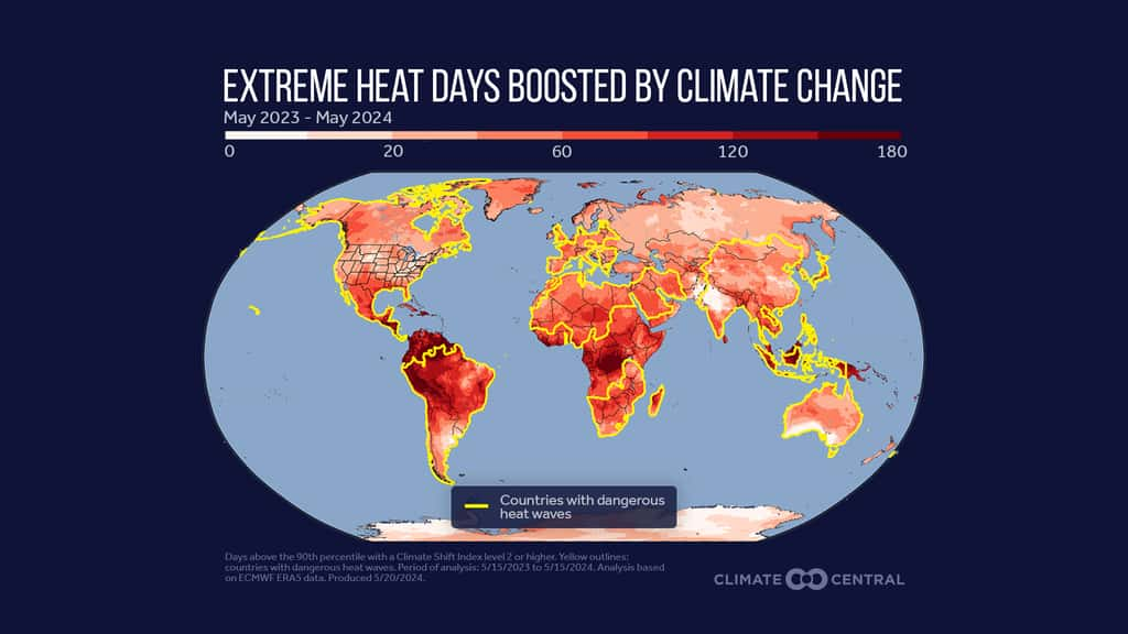 Cette carte produite par les chercheurs du <em>World Weather Attribution</em> montre à quel point le réchauffement climatique anthropique accentue les températures extrêmes. © <em>Climate Central, World Weather Attribution</em>