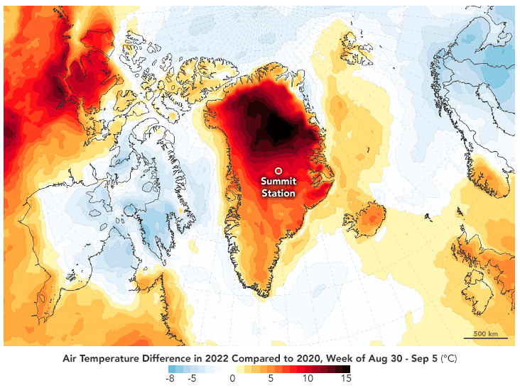 En ce début septembre 2022, les températures ont grimpé au-dessus du Groenland. © <em>Nasa Earth Observatory</em>