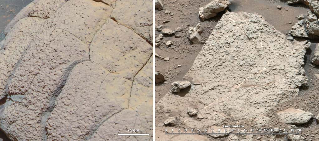 Deux roches montrant l'existence d'au moins deux environnements aqueux passés sur Mars, l’une étudiée par Opportunity (roche de gauche) et l'autre par le rover Curiosity. © Nasa, JPL-Caltech, Cornell, MSSS