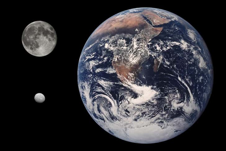 Sur ce photomontage, les tailles respectives de la Terre, de la Lune et de Cérès, en bas à gauche. © CWitte, Wikipedia, Domaine public