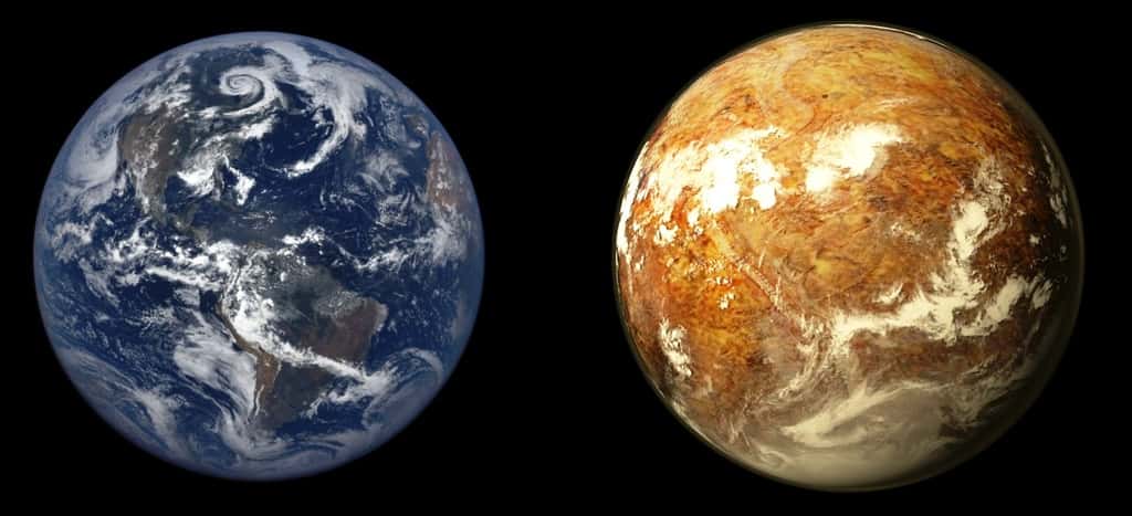 Une comparaison de l'aspect de la Terre avec celui de Proxima b, dans l'hypothèse où cette dernière est plutôt désertique, avec quelques mers peu profondes et une masse peu différente de celle de la Terre. © PHL, @ UPR Arecibo, Nasa Epic Team