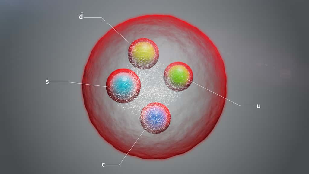 Le tétraquark observé au Grand collisionneur de hadrons (LHC, France-Suisse), illustré ici sous la forme <em>« unité isolée »</em>. © Cern 2022