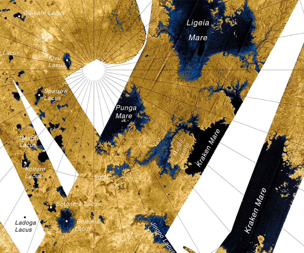 Carte des principaux lacs et mers d'hydrocarbures qui s'étendent près du pôle nord de Titan. Kraken Mare, Ligeia Mare et Punga Mare sont les plus vastes à la surface de cette lune de Saturne. © Nasa, JPL, USGS
