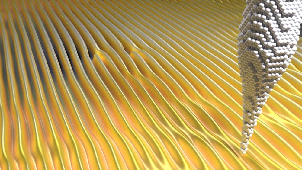 Au microscope électronique à effet tunnel, des singularités apparaissent dans la densité électronique au voisinage d’un atome d’hydrogène. © Vincent Renard, Université Grenoble Alpes/CEA