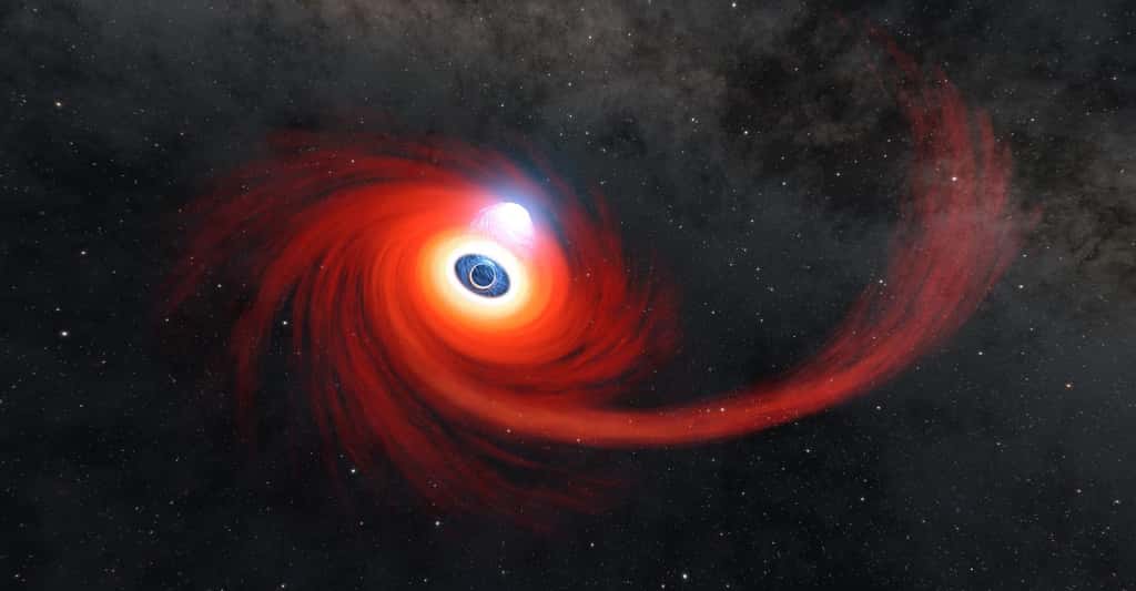 La plupart des événements de rupture par effet de marée — lorsqu’une étoile est déchirée par un trou noir —, qui entraînent la formation d’une couronne, produisent également des jets de matière qui se répandent dans l’espace loin du trou noir à ses pôles. AT2021ehb est le premier exemple confirmé d’une couronne se formant sans jets lors d’un événement de rupture par effet de marée. © Nasa, JPL-Caltech