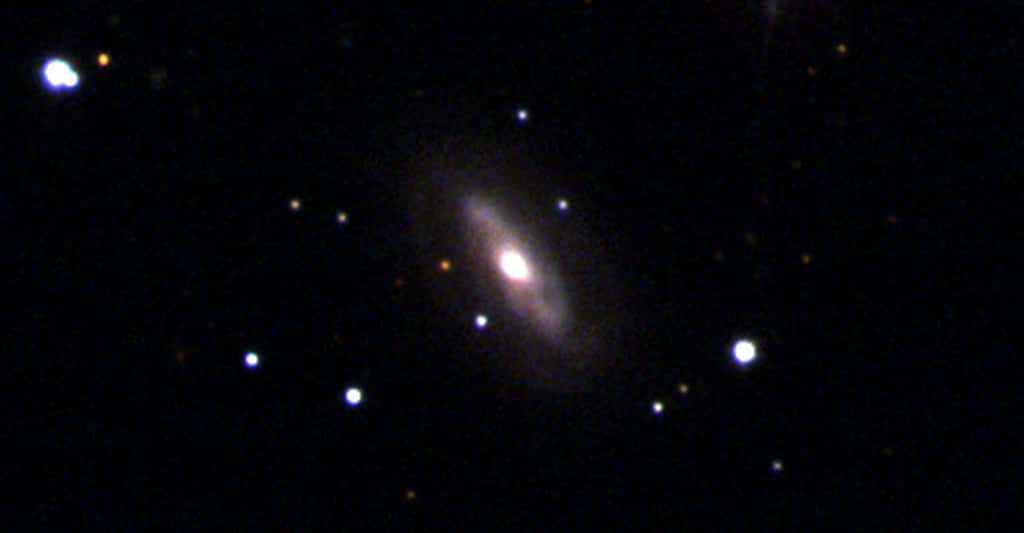 Selon des chercheurs de l’université de Harvard (États-Unis), la galaxie J0437+2456 abrite un trou noir supermassif en mouvement. © <em>Sloan Digital Sky Survey</em>