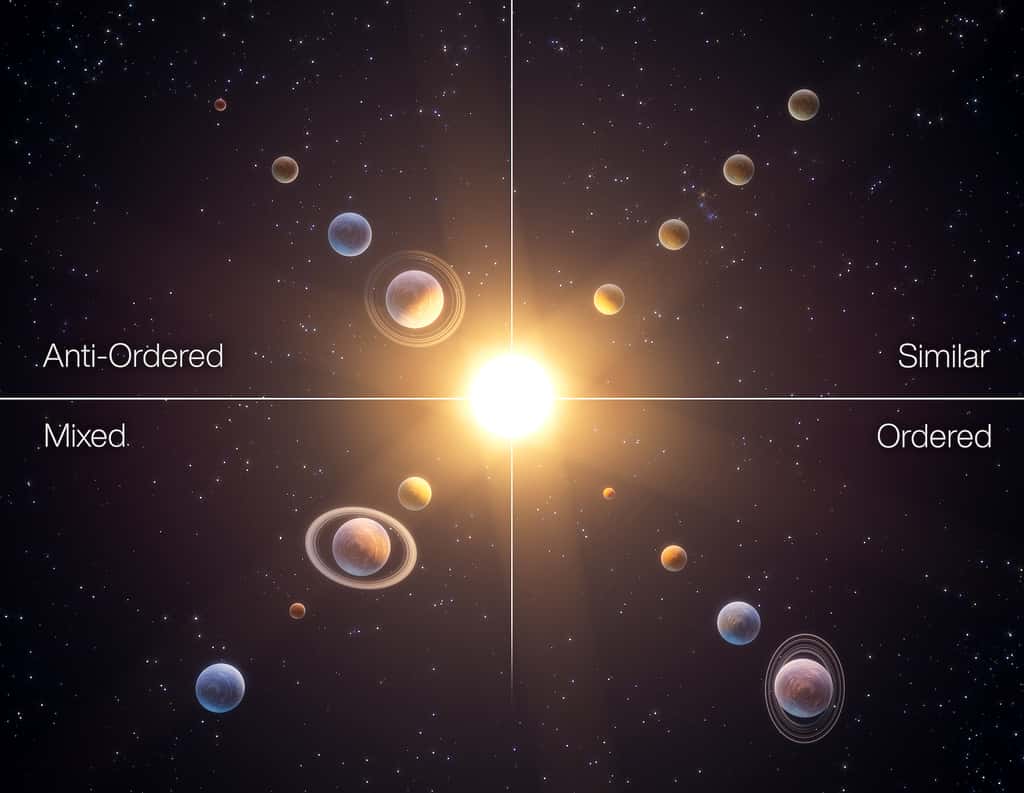 Une vue d’artiste sur les quatre grands types de systèmes planétaires identifiés par les chercheurs : le système <em>« anti-ordonné »</em> en haut à gauche, le système <em>« similaire »</em> en haut à droite, le système <em>« mélangé »</em> en bas à gauche et le système <em>« ordonné »</em> en bas à droite. © Tobias Stierli, NCCR PlanetS