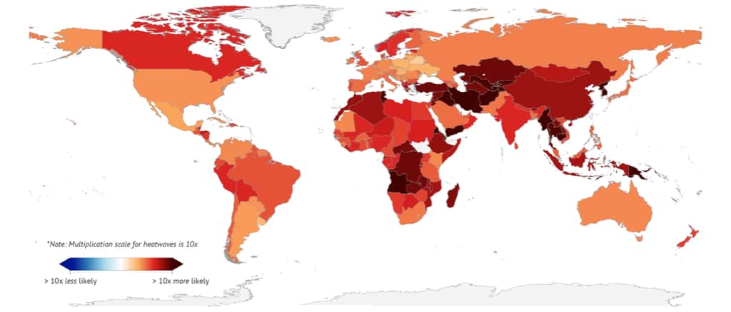 Sur cette carte apparaissent en rouge les pays dont les populations nées en 2020 seront plus exposées à des vagues de chaleur que celles nées en 1960. En haut pour un réchauffement de +1,5 °C, en bas, pour un réchauffement de l’ordre de +2,5 °C. © Joe Goodman, <em>Carbon Brief based on data from</em> Thiery <em>et al.</em>