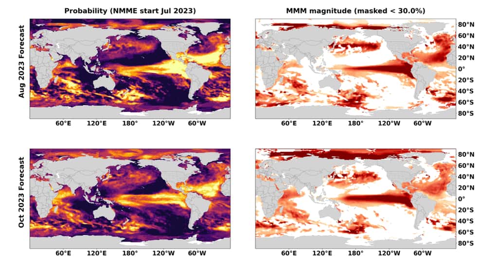Les prévisions de vagues de chaleur marines : en haut, sans l’effet d’amplification du réchauffement climatique anthropique et en bas, avec. © NOAA