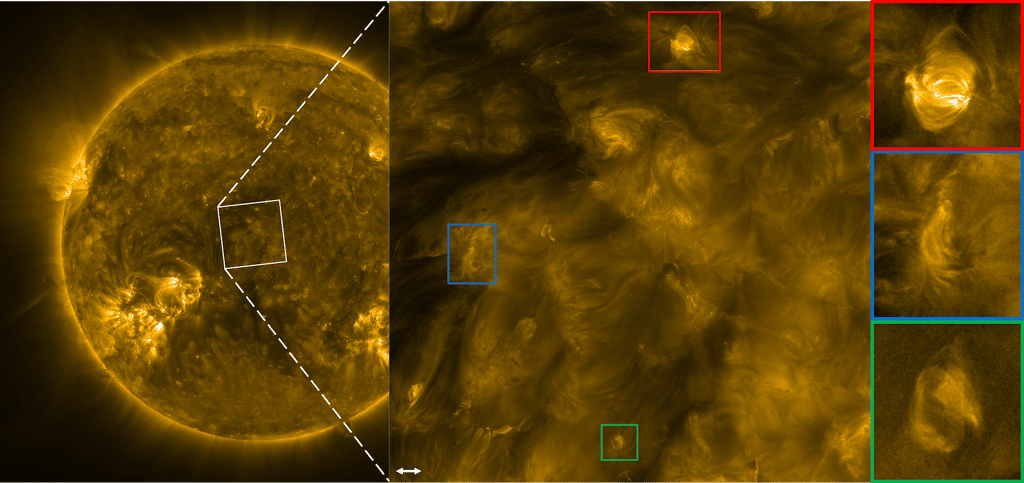 Voici le Soleil tel que <em>Solar Orbiter</em> l’a observé le 12 octobre 2022. À gauche, grâce au<em> Full Sun Imager </em>(FSI) de l’<em>Extreme Ultraviolet Imager</em> (EUI) et à côté, un zoom sur le centre du Soleil révélé par le <em>High-Resolution Imager</em> (HRI). Dans les cases rouges, bleues et vertes, les ondes magnétiques qui pourraient être à l’origine du chauffage de la couronne solaire. La flèche blanche représente une longueur d’environ 10 000 kilomètres. © Équipe EUI, Solar Orbiter