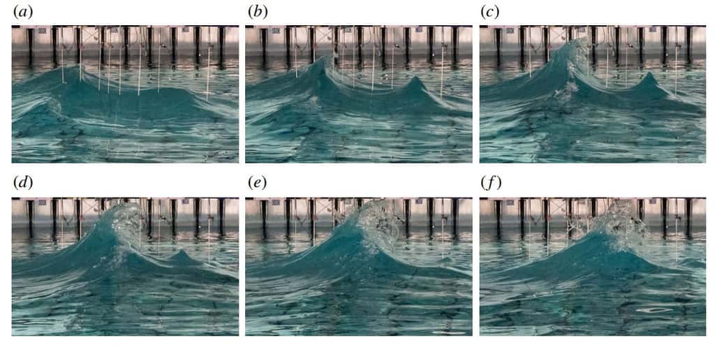 La vague Draupner a été à l’origine de plusieurs années de recherche sur la physique des vagues scélérates, faisant passer le phénomène du folklore à la science. Ici, des photos de la reconstitution de la vague produite par les chercheurs britanniques. © MacAllister et al., <em>Journal of Fluid Mechanics</em>