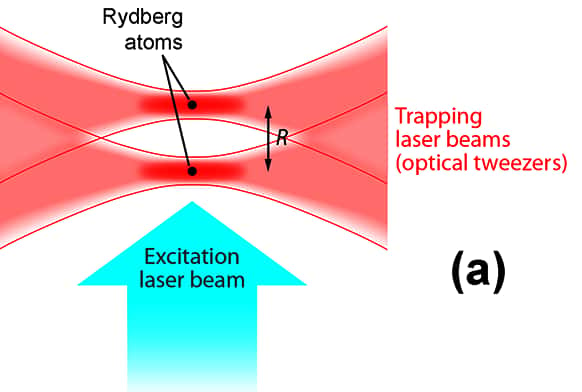 Principe de la mesure directe des forces de van der Waals. Deux faisceaux laser constituent une sorte de « pince optique » (<em>optical tweezers</em>) permettant de piéger deux atomes de rubidium et de les placer côte à côte à une distance précise et que l'on peut contrôler. Un troisième faisceau (bleu) permet d'exciter les atomes pour les transformer en atomes de Rydberg. © Alan Stonebraker, APS