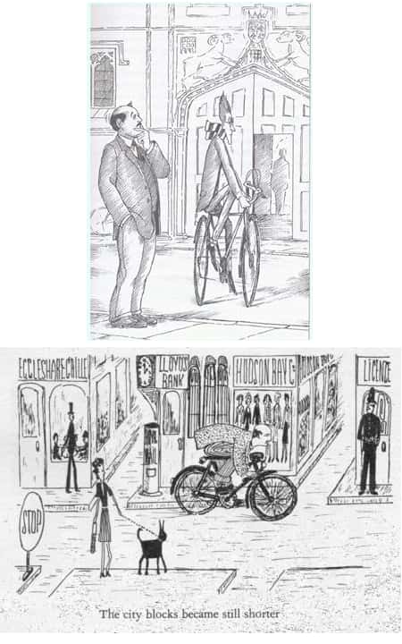 En haut, cycliste relativiste vu par un piéton immobile dans une rue. En bas, rue vue par le cycliste. Dans chacun des cas, ce qui est en mouvement par rapport à l'observateur semble contracté dans le sens du mouvement. Le phénomène est symétrique, en accord avec le principe de relativité. © <em>Le Nouveau Monde de M. Tompkins</em>, G. Gamow, R. Stannard et M. Edwards (illustrations), éditions Le Pommier (2002)