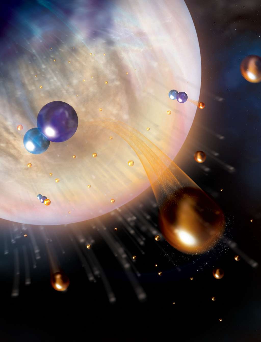 Des planétologues de l’université du Colorado à Boulder (États-Unis) estiment que si Vénus est aussi pauvre en eau aujourd’hui, c’est parce que les ions HCO+ qui se sont formés dans son atmosphère se recombinent avec des électrons pour former des molécules de monoxyde de carbone (CO, en bleu sur cette illustration) et de l’hydrogène (H, en orange) qui a tendance à s’échapper dans l’espace. Et sans hydrogène, impossible de former de l’eau. © Aurore Simonnet, Laboratoire de Physique de l’atmosphère et de l’espace, Université du Colorado
