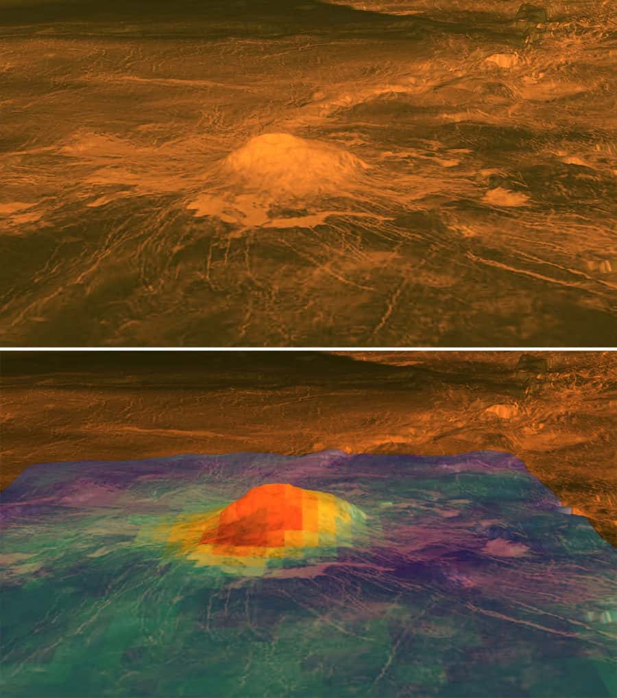 En haut : cartographie radar de <em>Idunn Mons</em> par Magellan. En bas : superposition des mesures de l'excès de chaleur par Venus Express en 2007. L'altitude de 2,5 km a été exagérée par rapport à la plaine environnante qui s'étend sur 200 km environ. Les couleurs, reliées au flux de chaleur, indiquent un changement de composition au sommet du volcan. © Nasa-ESA