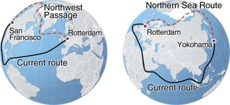 Emprunter les voies maritimes de l’Arctique est plus rapide que de passer par le canal de Panama ou par le canal de Suez. © Agence spatiale européenne