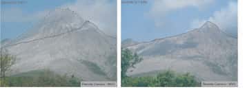 Photos du volcan de Soufrière Hills (Montserrat) prises le 31 mai 2003 et le 12 Août 2003 (avant et après l'écroulement de juillet 2003). © MVO