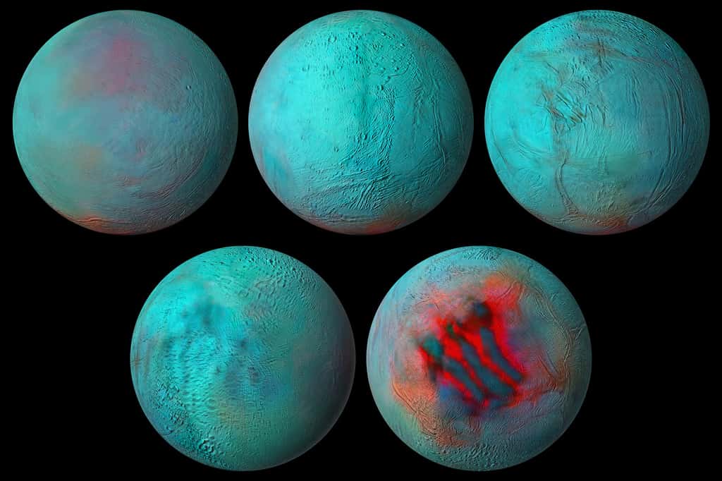 Ici, cinq vues infrarouges d’Encelade, la lune glacée de Saturne. D’abord centrée sur le côté avant, puis sur le côté tourné vers Saturne et sur le côté arrière. Et sur la seconde ligne, les pôles nord et sud. © Nasa, JPL-Caltech, <em>University of Arizona, </em>LPG, CNRS, Université de Nantes, <em>Space Science Institute</em>