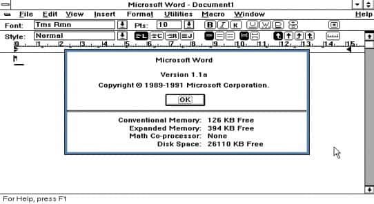 Souvenir, souvenir… Voici le Word pour Windows de 1989. À l’époque, il apportait au traitement de texte une interface Wysiwyg (<em>What you see is what you get</em>, ou « ce que vous voyez est ce que vous obtenez ») qui lui permit de conquérir un large public. © Microsoft
