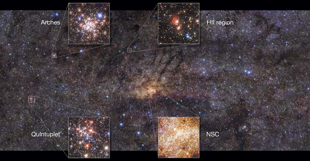 Cette belle image de la région centrale de la Voie lactée a été prise avec l'instrument HAWK-I du <em>Very Large Telescope</em> (VLT). Elle montre des caractéristiques intéressantes de cette partie de notre Galaxie. Elle met en évidence l'amas d'étoiles nucléaires (NSC) en plein centre et l'amas des Arches, l'amas d'étoiles le plus dense de la Voie lactée. Les autres caractéristiques comprennent l'amas du Quintuplet, qui contient cinq étoiles proéminentes, et une région d'hydrogène gazeux ionisé (HII). © Nogueras-Lara et al., ESO