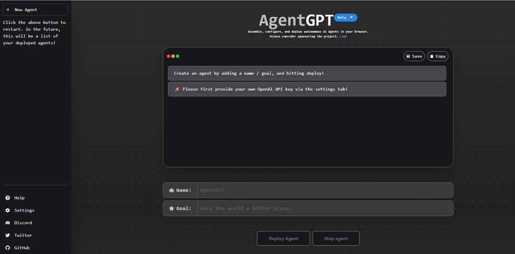 AgentGPT est un Auto-GPT en version Web. Pour l’utiliser, il faut simplement donner un nom à l’agent et définir un projet. L’outil va alors construire un plan en plusieurs étapes pour gérer le projet du début à la fin. © Futura