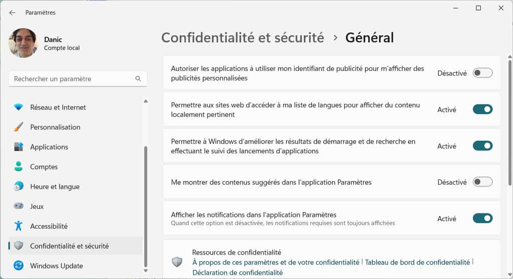 Nous pouvons ici limiter les informations que Microsoft stocke à notre égard. © Microsoft